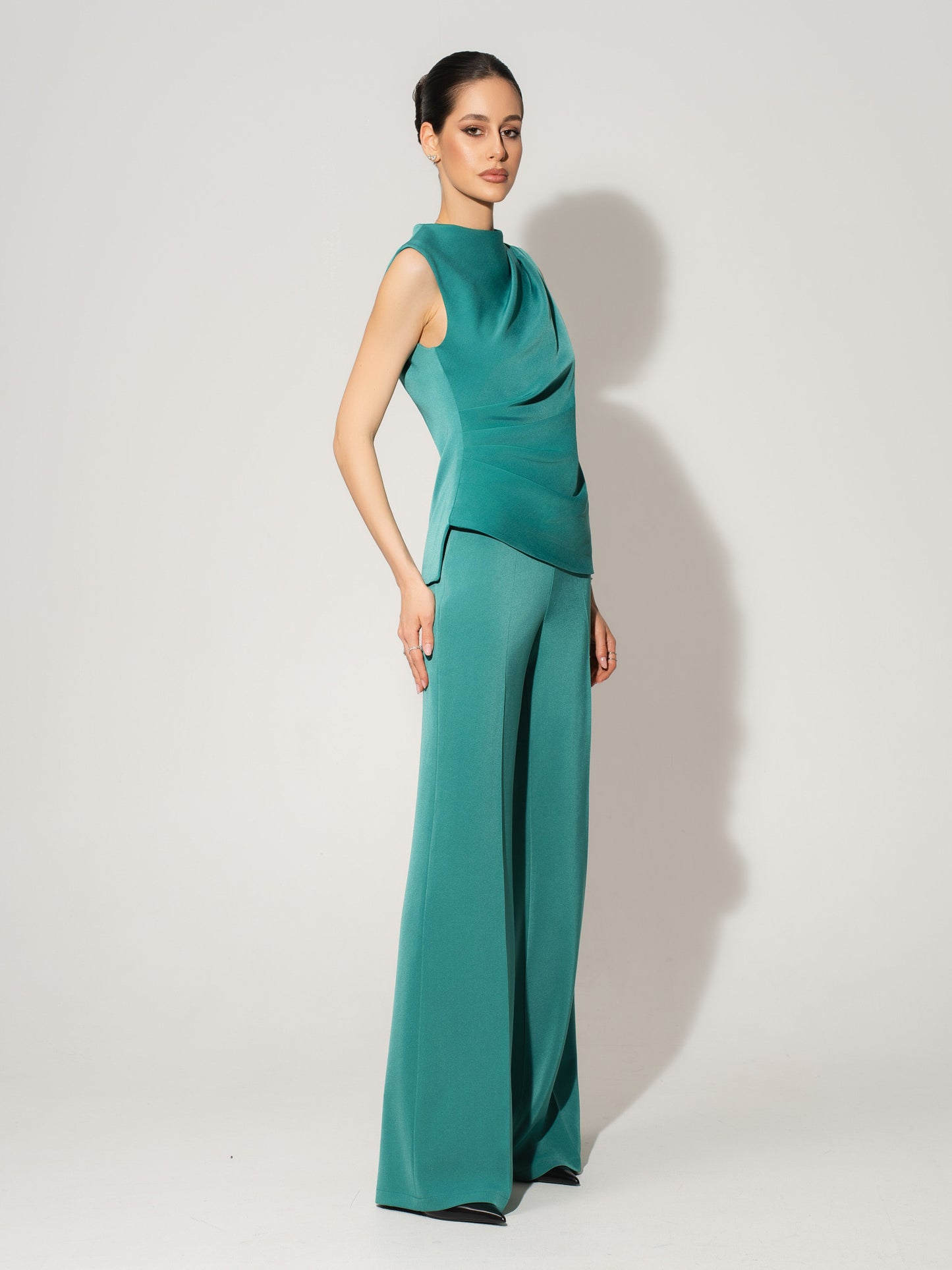 Sleeveless Pleated Top & Trousers Set - Turquoise