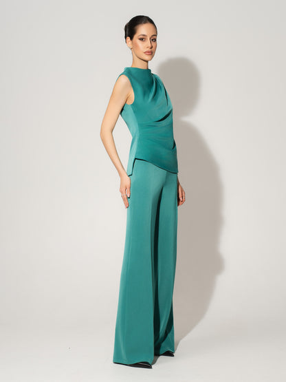 Sleeveless Pleated Top & Trousers Set - Turquoise