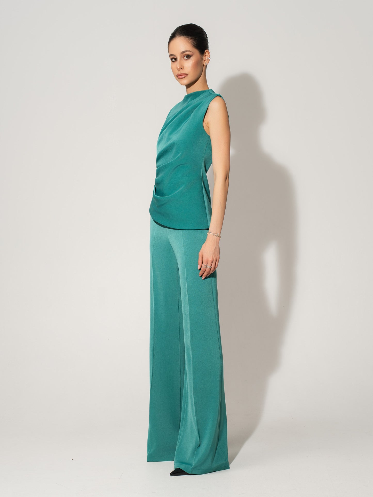 Sleeveless Pleated Top & Trousers Set - Turquoise