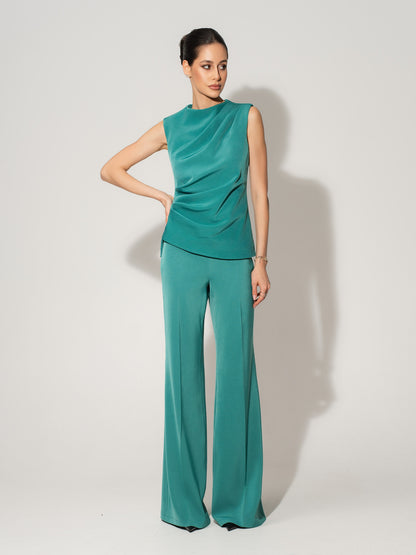 Sleeveless Pleated Top & Trousers Set - Turquoise
