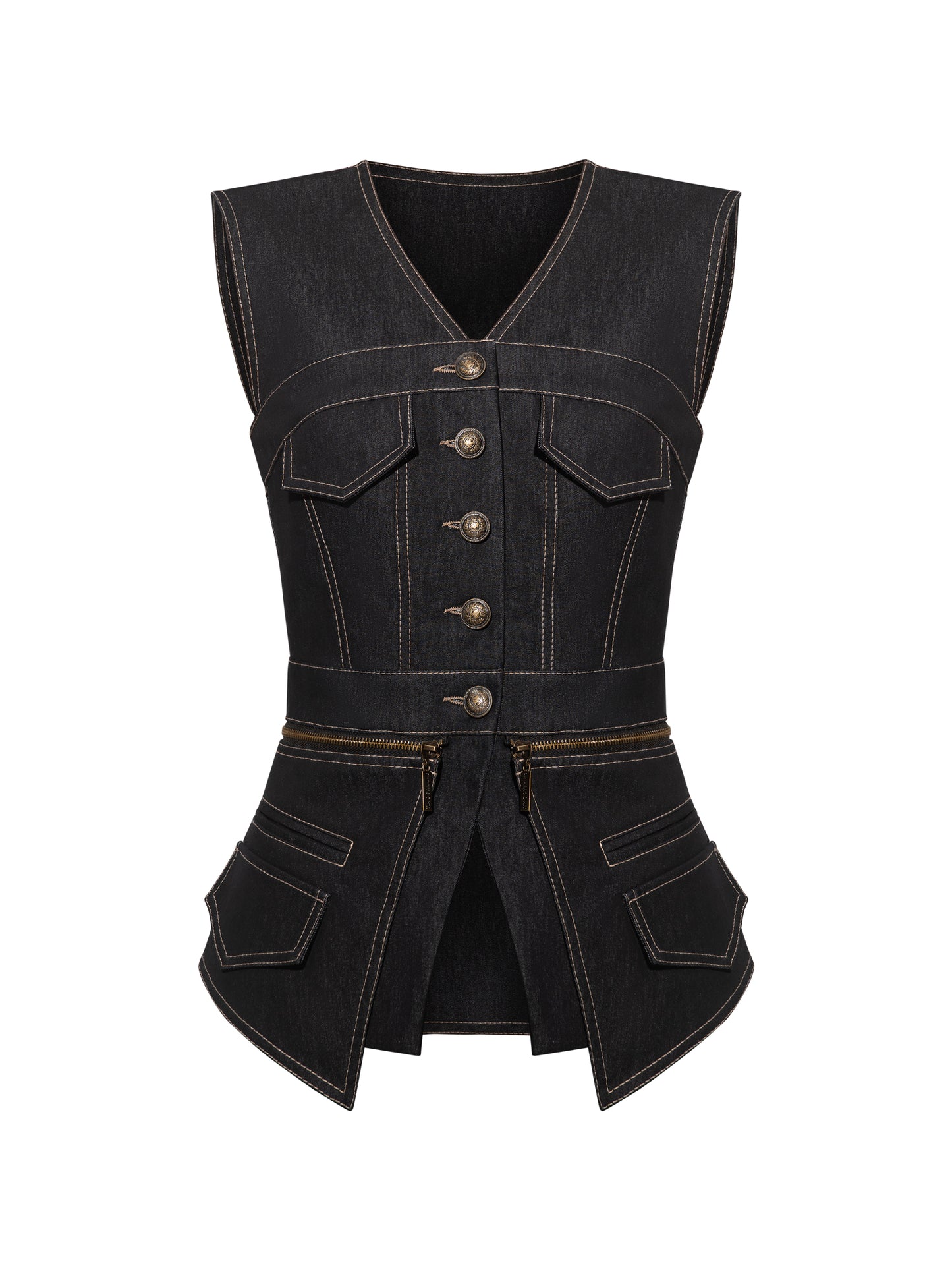 Sleeveless Denim Top Vest - Black