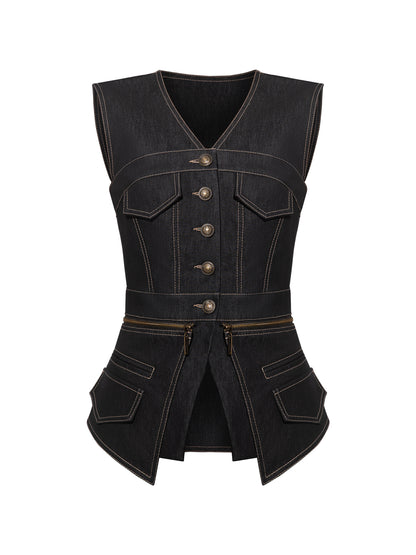 Sleeveless Denim Top Vest - Black