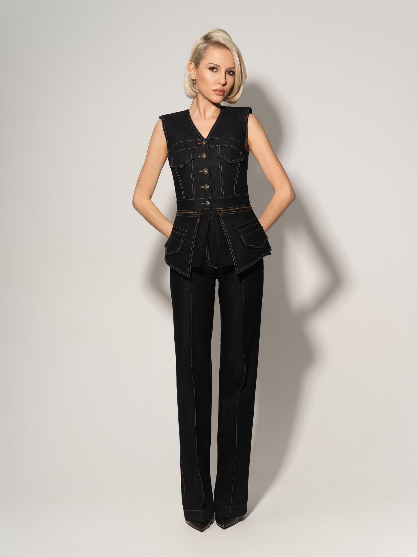 Sleeveless Denim Top Vest - Black