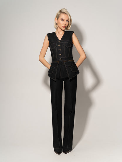 Sleeveless Denim Top Vest - Black