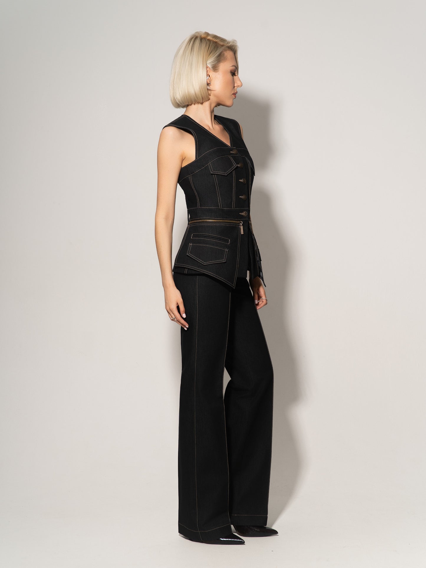 Sleeveless Denim Top Vest - Black
