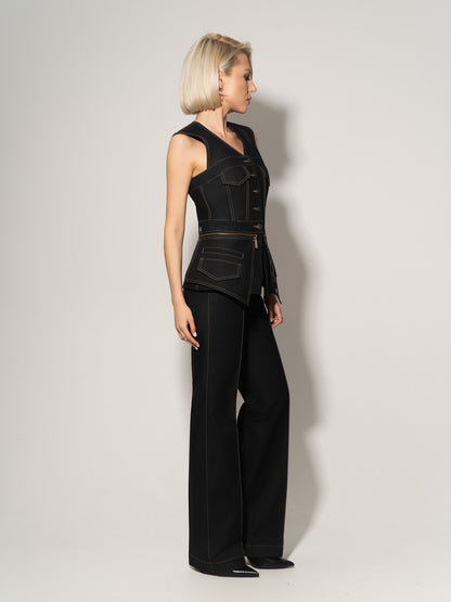 Sleeveless Denim Top Vest - Black