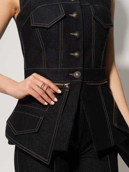 Sleeveless Denim Top Vest & Skirt Set