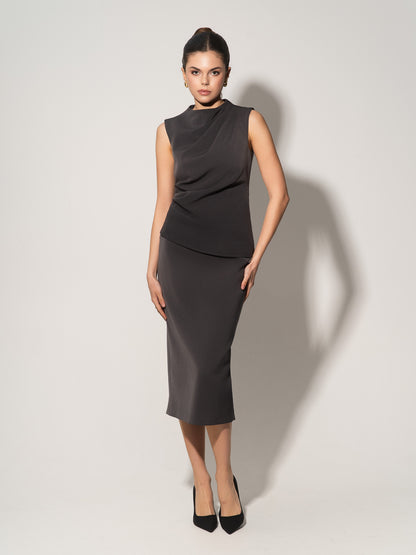 Sleeveless Pleated Top & Midi Skirt Set - Grey