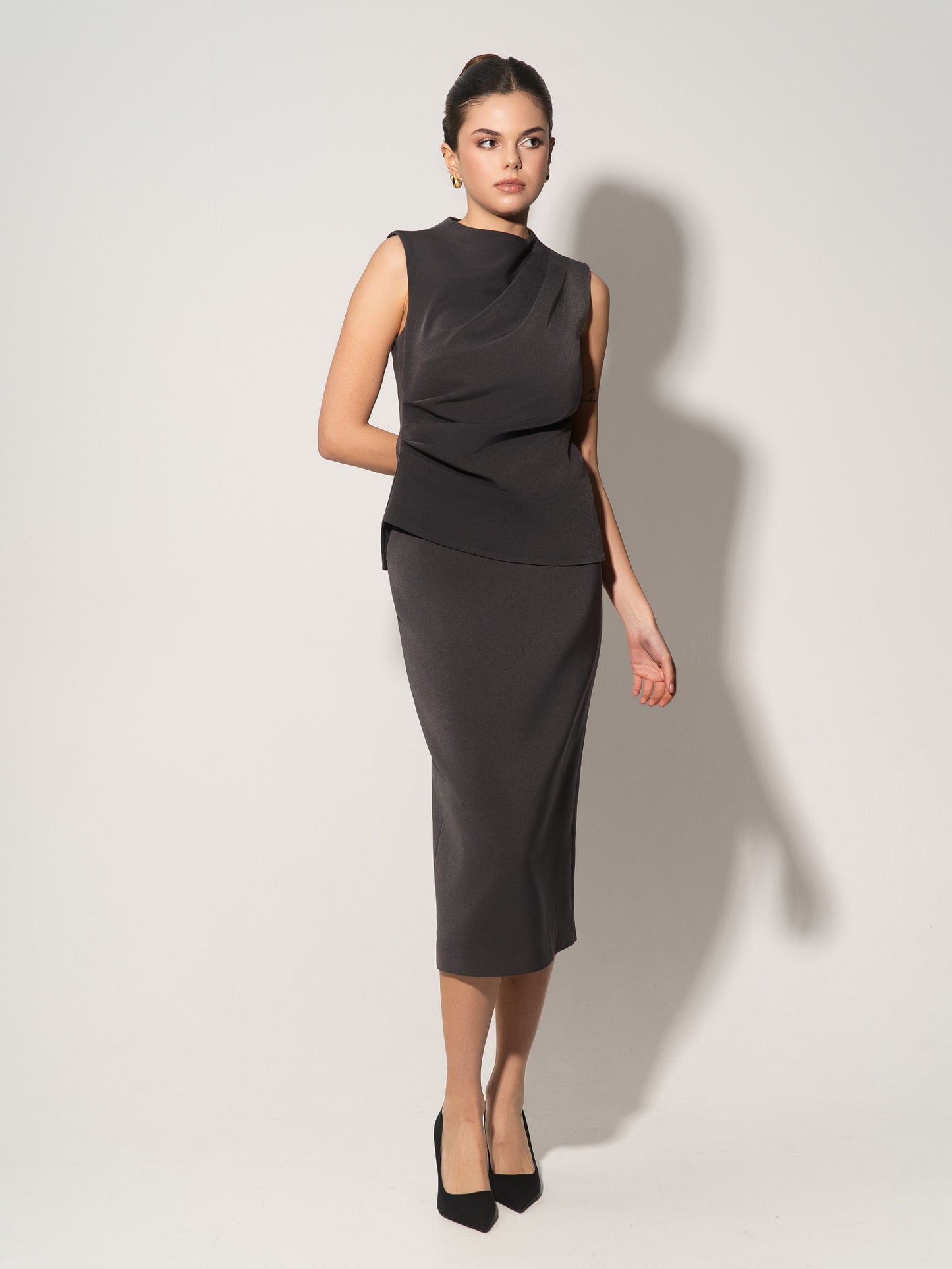 Sleeveless Pleated Top & Midi Skirt Set - Grey