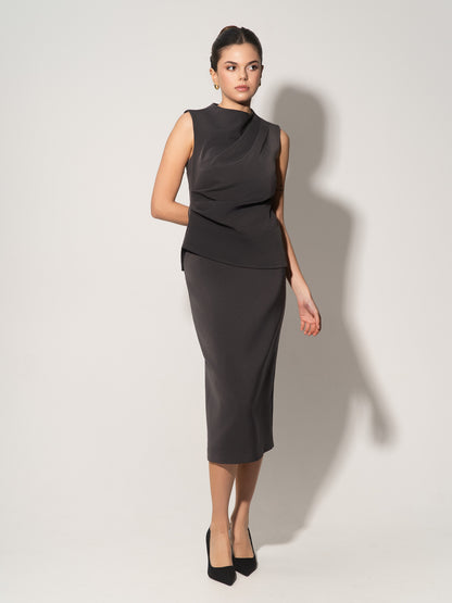 Sleeveless Pleated Top & Midi Skirt Set - Grey