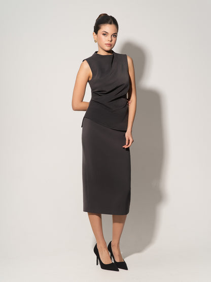 Sleeveless Pleated Top & Midi Skirt Set - Grey