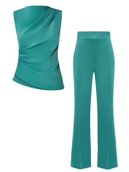 Sleeveless Pleated Top & Trousers Set - Turquoise