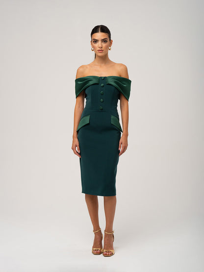 Steel Confidence Off-Shoulder Midi Dress - Dark Green by Tia Dorraine Women's Luxury Fashion Designer Clothing Brand