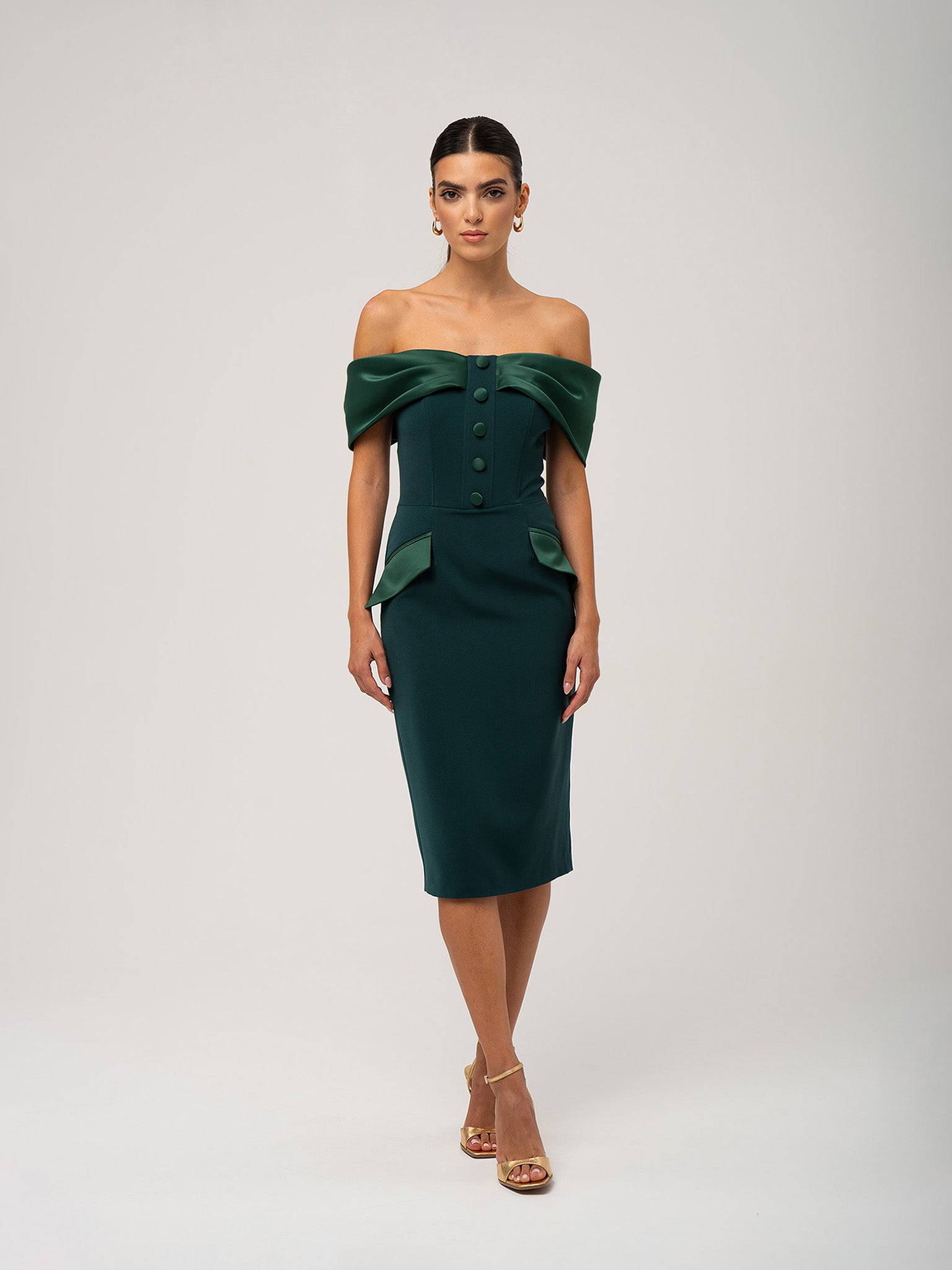 Steel Confidence Off-Shoulder Midi Dress - Dark Green by Tia Dorraine Women's Luxury Fashion Designer Clothing Brand