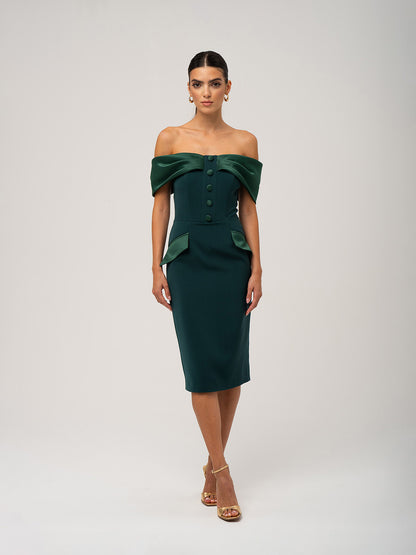 Steel Confidence Off-Shoulder Midi Dress - Dark Green by Tia Dorraine Women's Luxury Fashion Designer Clothing Brand