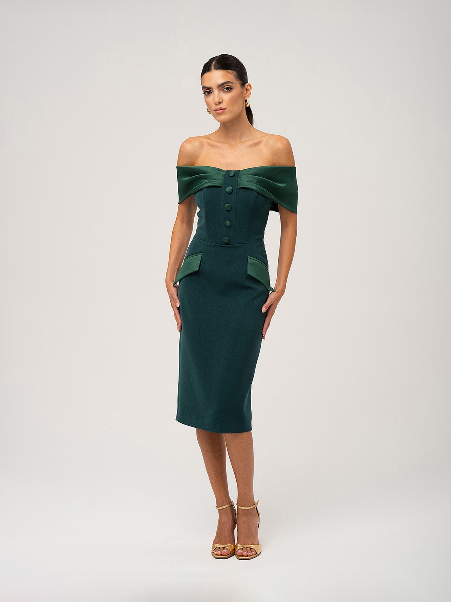 Steel Confidence Off-Shoulder Midi Dress - Dark Green by Tia Dorraine Women's Luxury Fashion Designer Clothing Brand