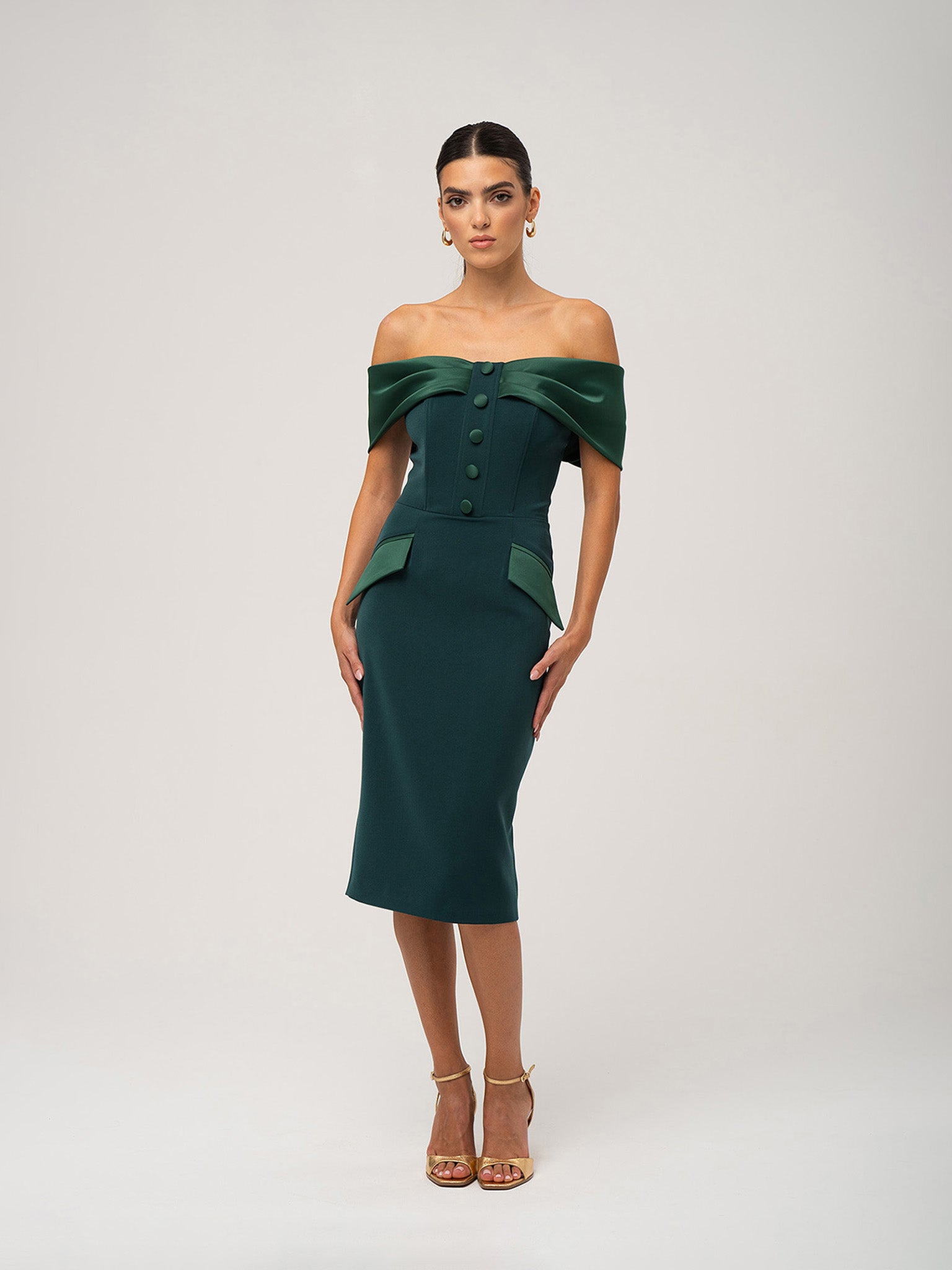 Steel Confidence Off-Shoulder Midi Dress - Dark Green by Tia Dorraine Women's Luxury Fashion Designer Clothing Brand