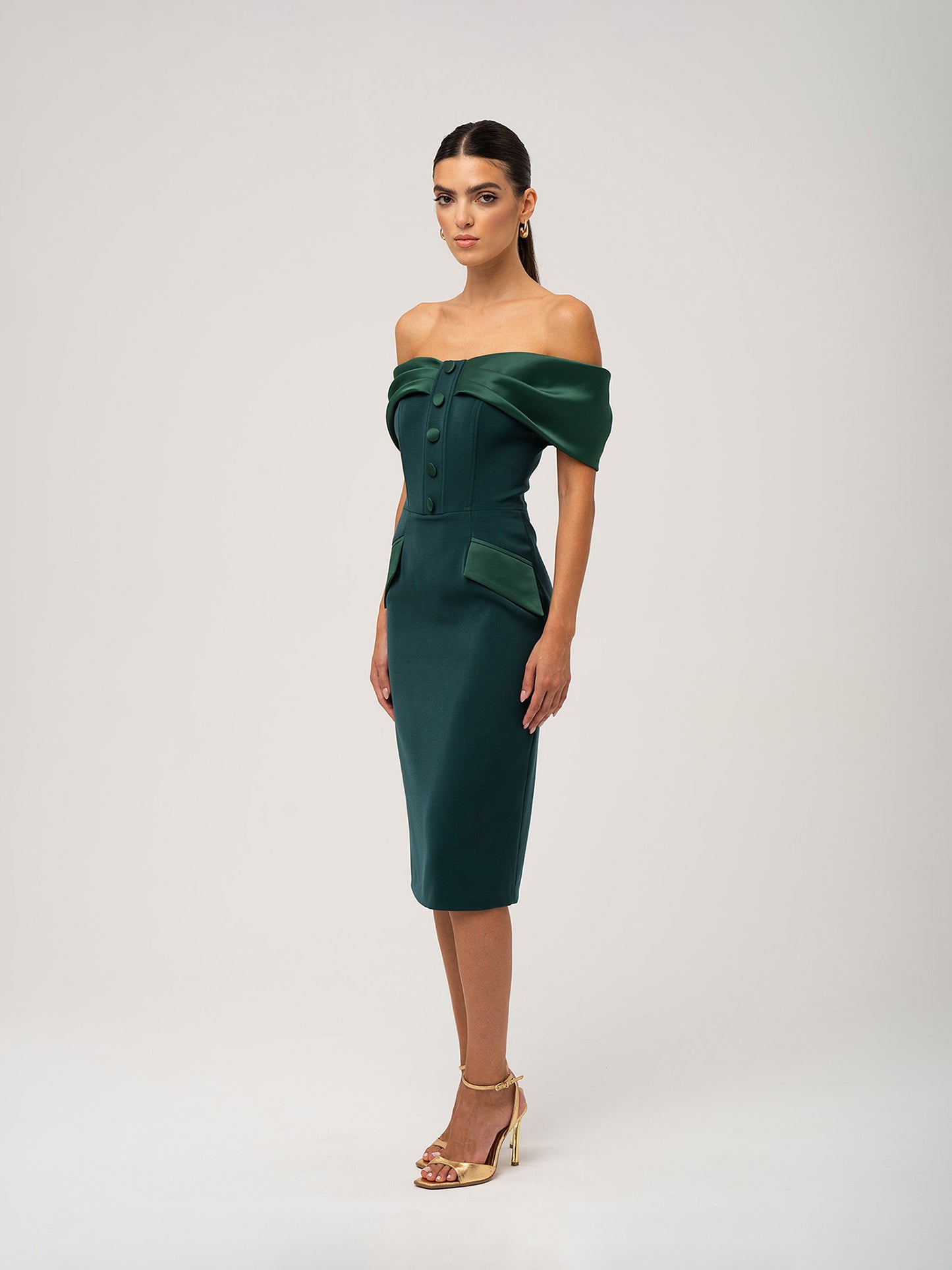 Steel Confidence Off-Shoulder Midi Dress - Dark Green by Tia Dorraine Women's Luxury Fashion Designer Clothing Brand