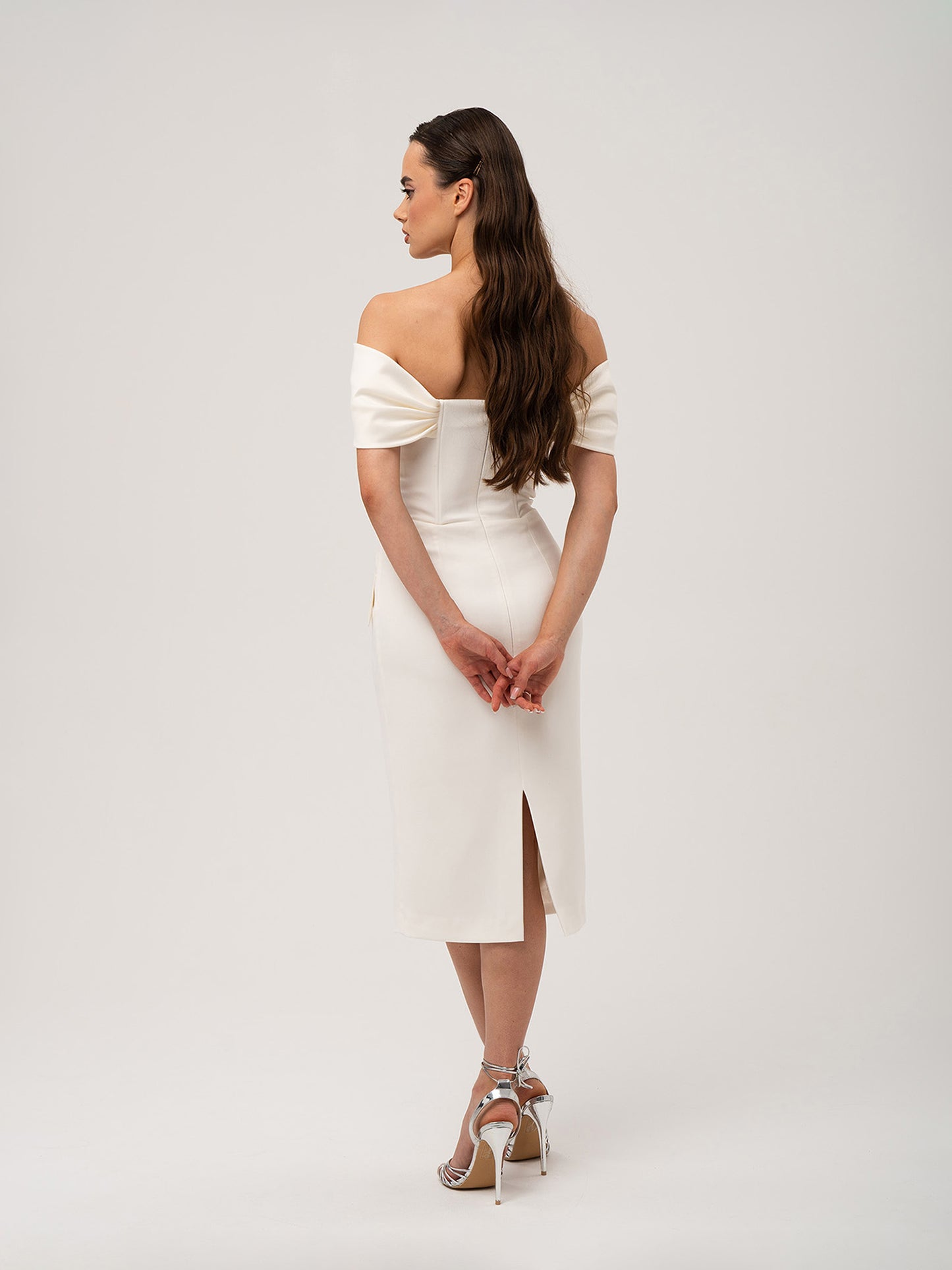 Steel Confidence Off-Shoulder Midi Dress - Pearl White by Tia Dorraine Women's Luxury Fashion Designer Clothing Brand