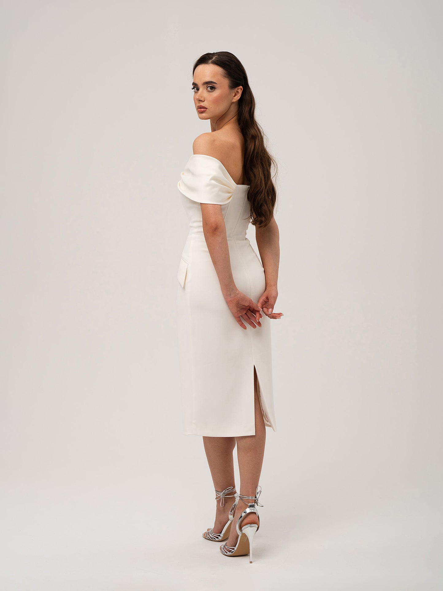 Steel Confidence Off-Shoulder Midi Dress - Pearl White by Tia Dorraine Women's Luxury Fashion Designer Clothing Brand