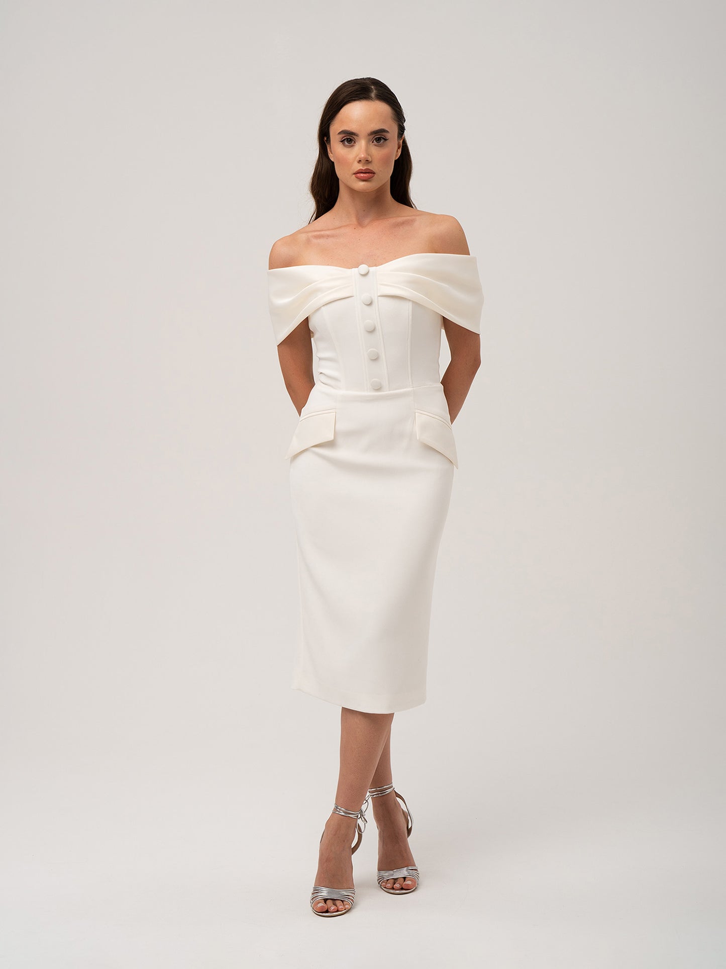 Steel Confidence Off-Shoulder Midi Dress - Pearl White by Tia Dorraine Women's Luxury Fashion Designer Clothing Brand