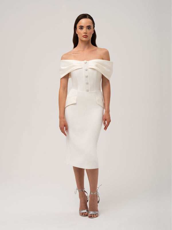 Steel Confidence Off-Shoulder Midi Dress - Pearl White Pearl White / L Steel Confidence Off-Shoulder Midi Dress - Pearl White Pearl White / L
