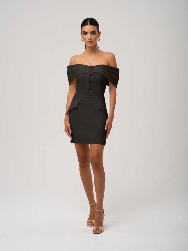 Steel Confidence Off-Shoulder Mini Dress - Black by Tia Dorraine Women's Luxury Fashion Designer Clothing Brand