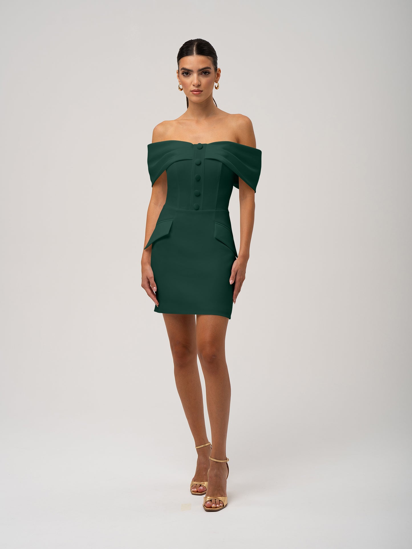 Steel Confidence Off-Shoulder Mini Dress - Dark Green by Tia Dorraine Women's Luxury Fashion Designer Clothing Brand