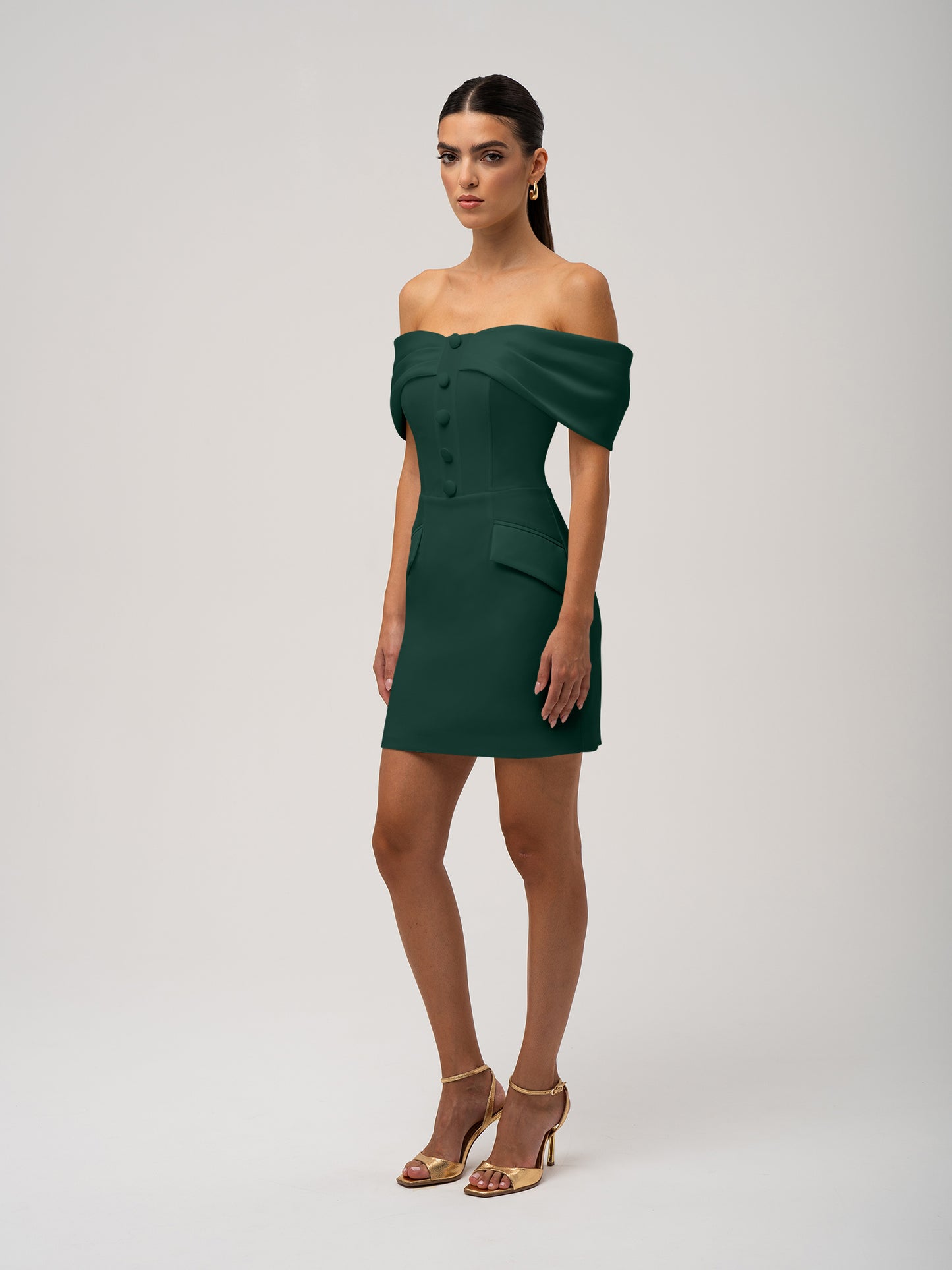 Steel Confidence Off-Shoulder Mini Dress - Dark Green by Tia Dorraine Women's Luxury Fashion Designer Clothing Brand