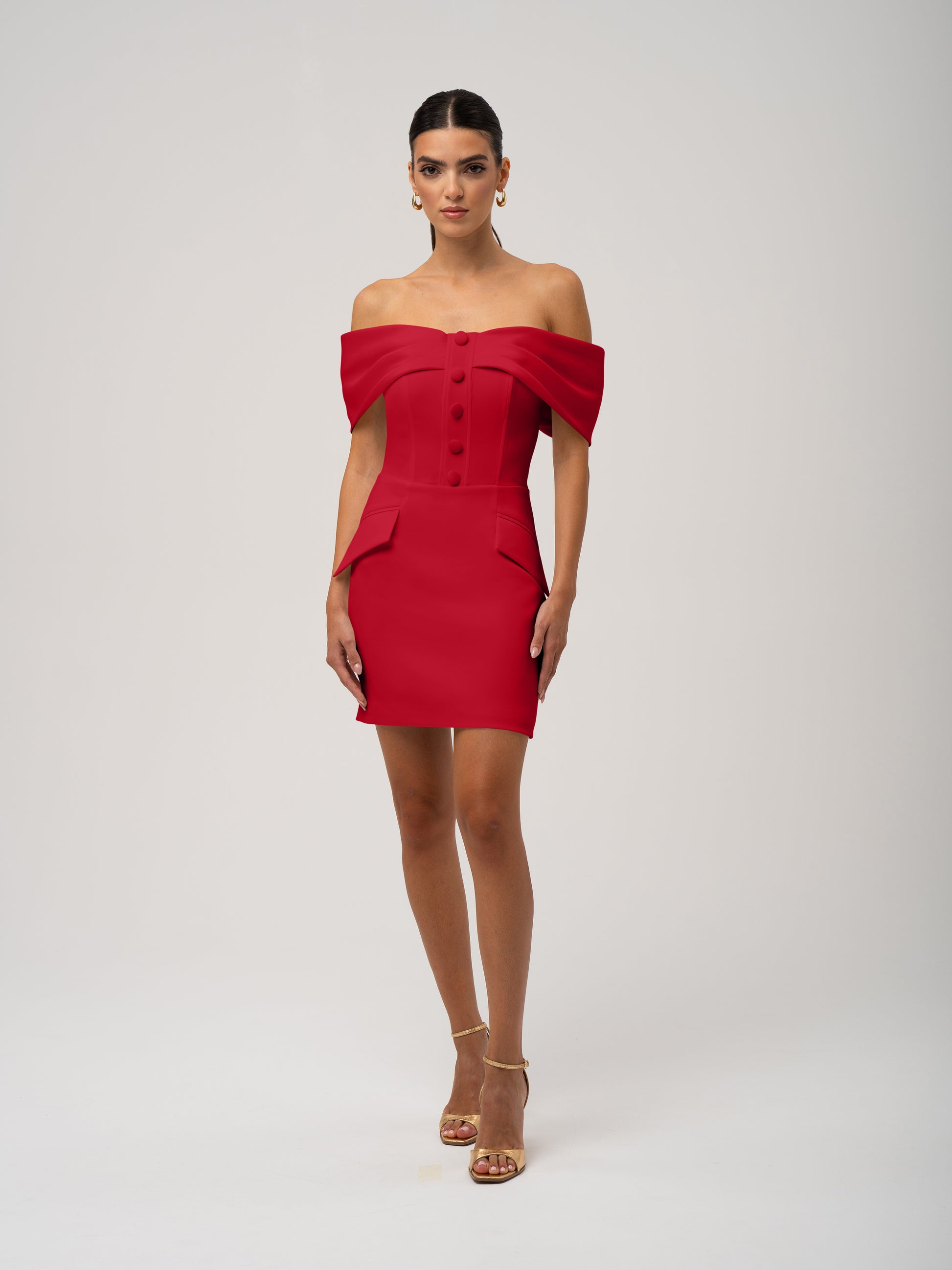 Steel Confidence Off-Shoulder Mini Dress - Fierce Red by Tia Dorraine Women's Luxury Fashion Designer Clothing Brand