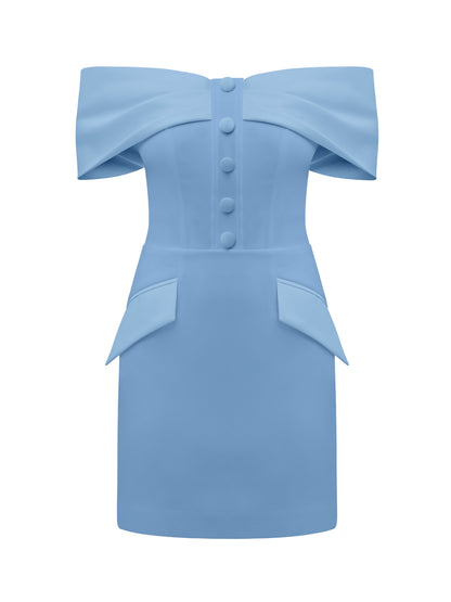 Steel Confidence Off-Shoulder Mini Dress - Light Blue by Tia Dorraine Women's Luxury Fashion Designer Clothing Brand