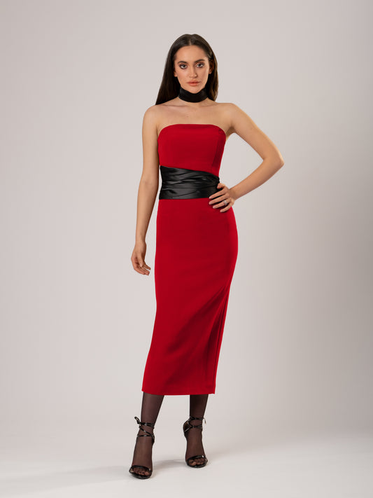 Kiss Me Fitted Midi Dress with Satin Belt - Red & Black