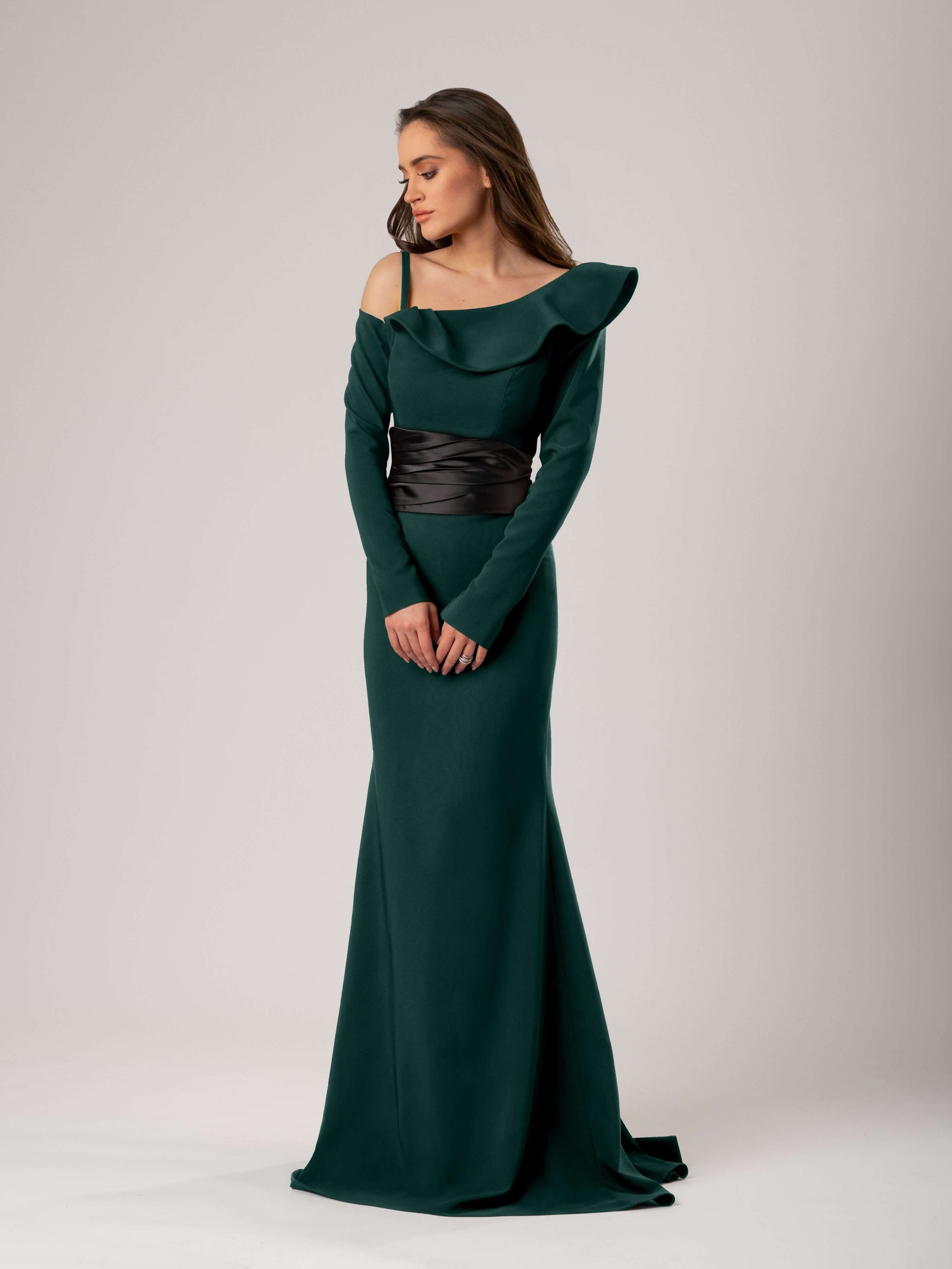 Magical Night Evening Dress with Satin Belt Green Black
