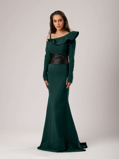 Magical Night Evening Dress with Satin Belt - Green & Black Magical Night Evening Dress with Satin Belt - Green & Black