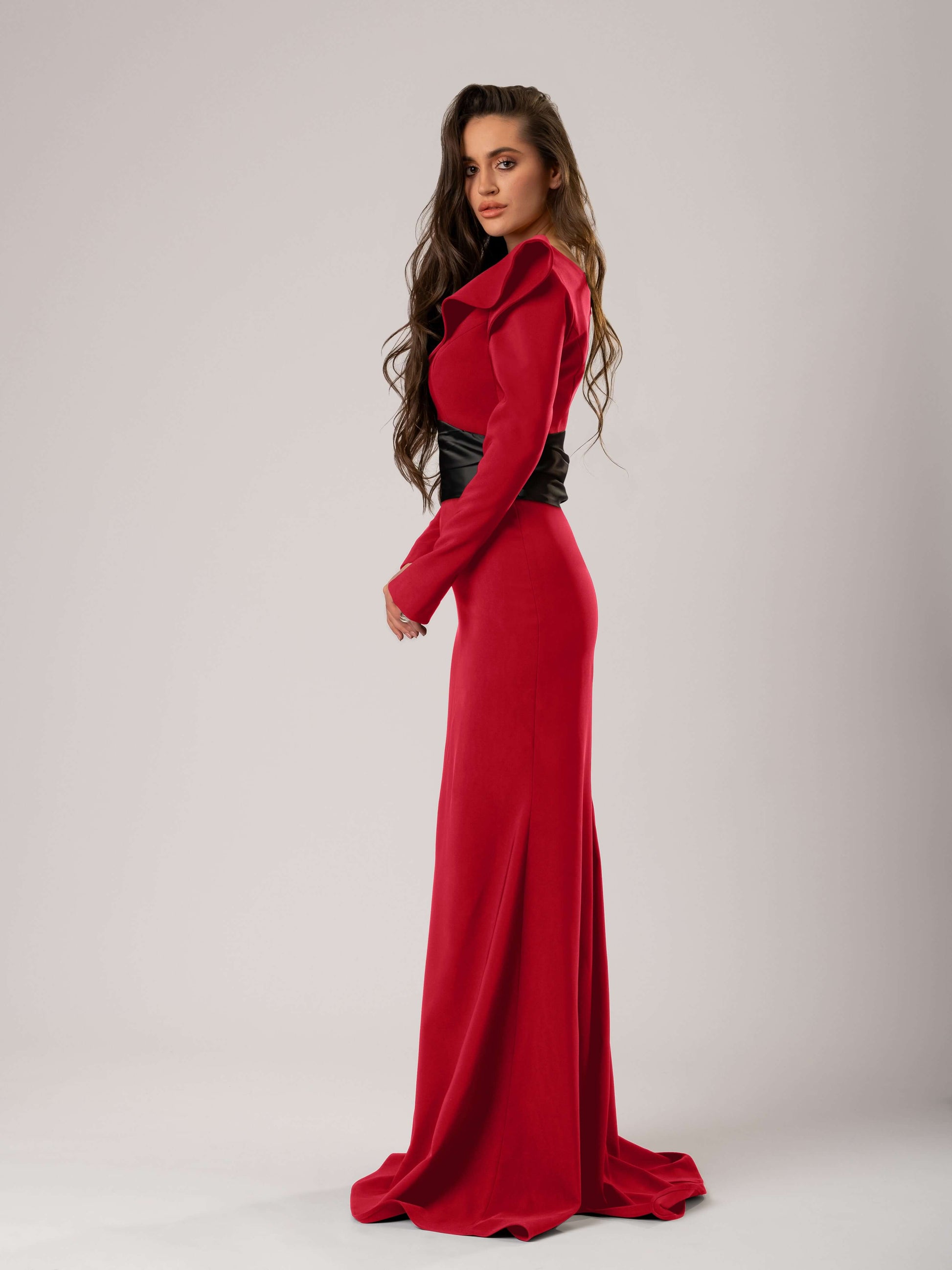 Magical Night Evening Dress with Satin Belt - Red & Black Magical Night Evening Dress with Satin Belt - Red & Black