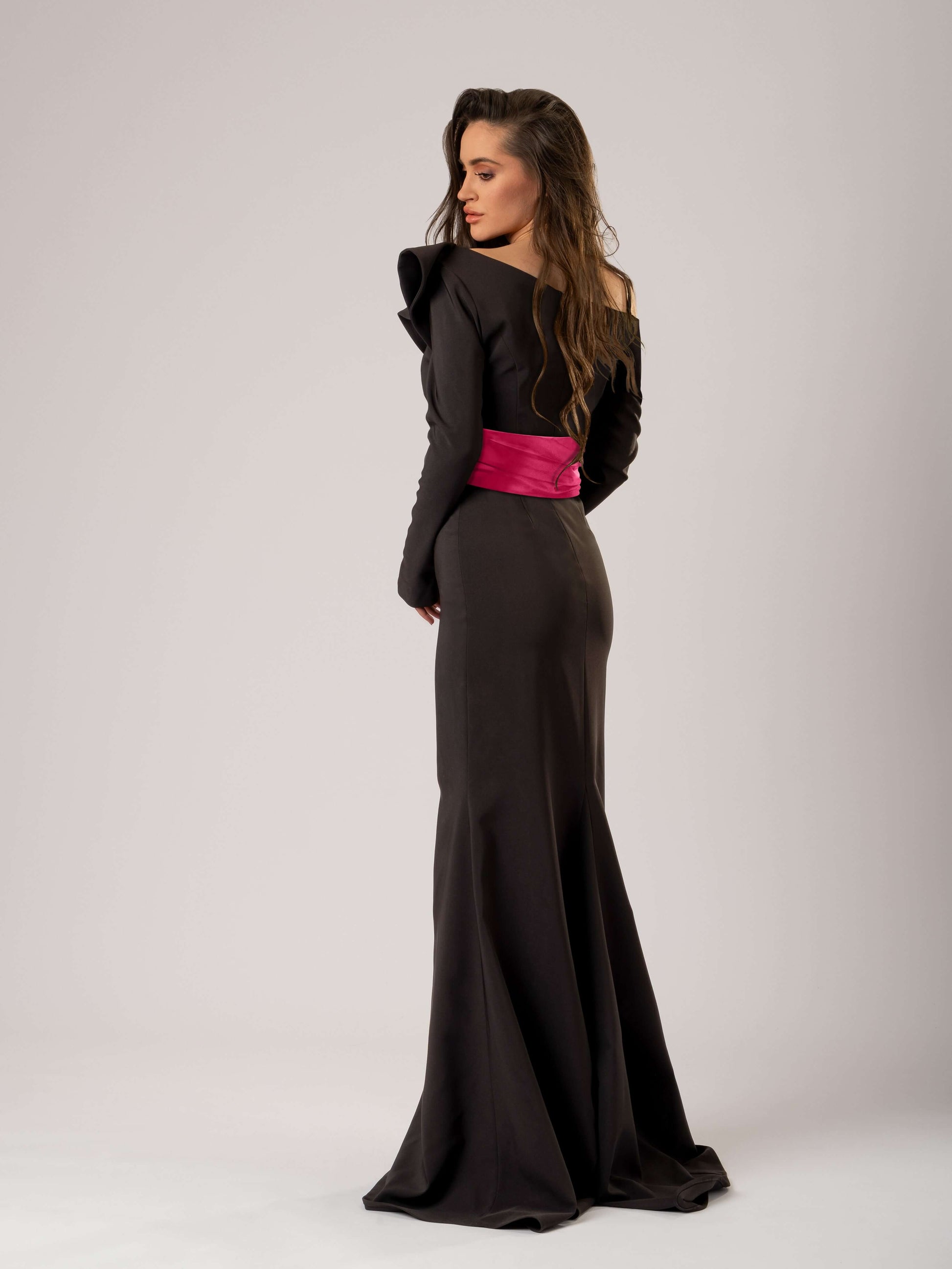 Magical Night Evening Dress with Satin Belt - Black & Pink Black & Pink / Xs Magical Night Evening Dress with Satin Belt - Black & Pink Black & Pink / Xs
