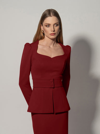 Fitted Sweetheart Blouse - Burgundy