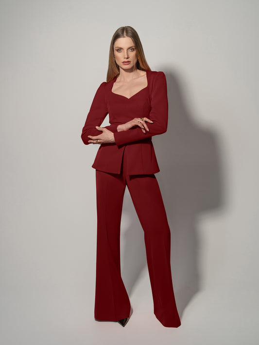 Fitted Blouse & Trousers Set - Burgundy