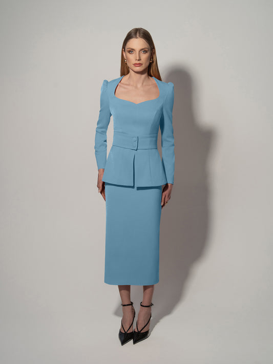 Fitted Blouse & Pencil Skirt Set - Light Blue