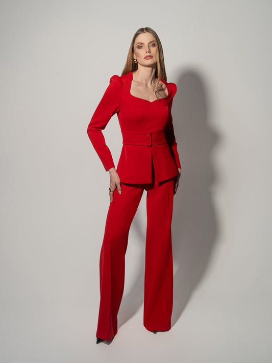 Fitted Blouse & Trousers Set - Fierce Red