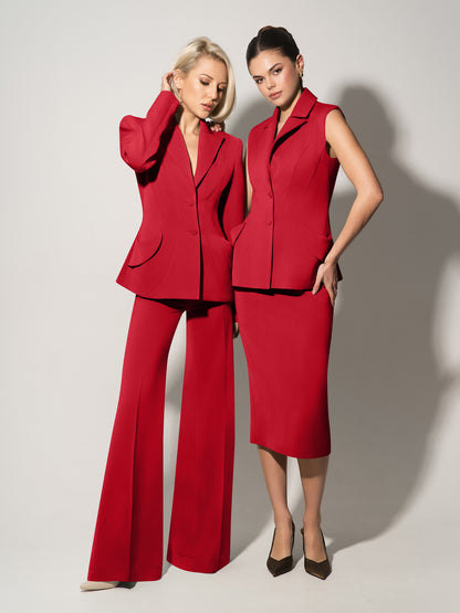 Tailored Fit Suiting Vest & Skirt Suit - Fierce Red
