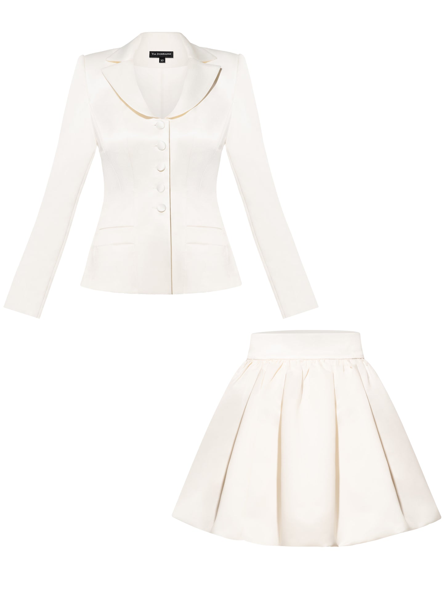 Tailored Satin Blazer & Balloon Skirt Set - Pearl White