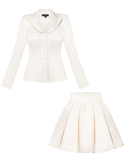 Tailored Satin Blazer & Balloon Skirt Set - Pearl White