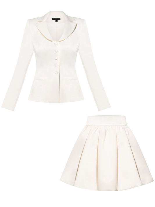 Tailored Satin Blazer & Skirt Set - Pearl White