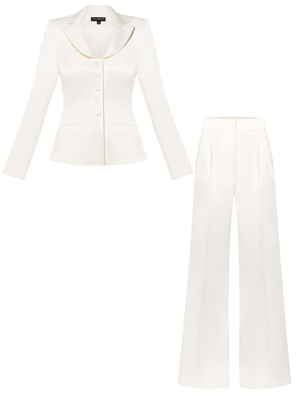 Tailored Satin Blazer & Trousers Set - Pearl White