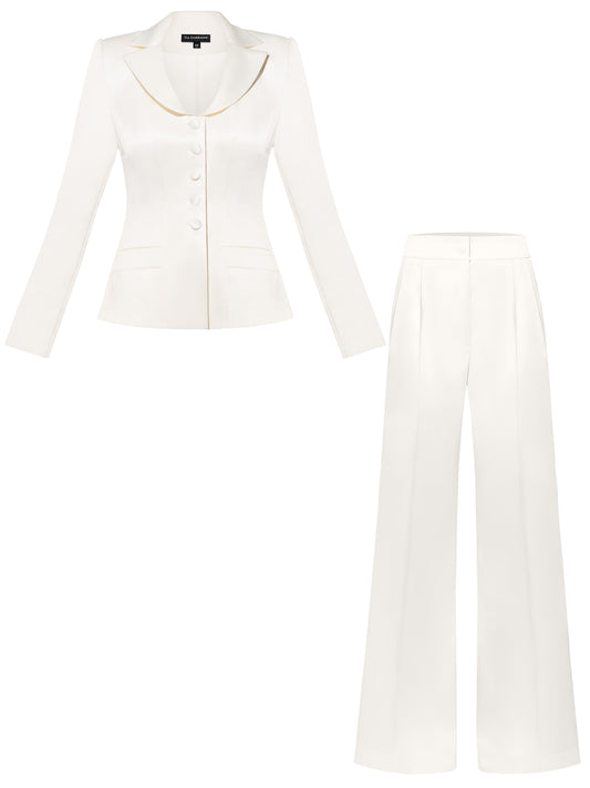 Tailored Satin Blazer & Trousers Set - Pearl White