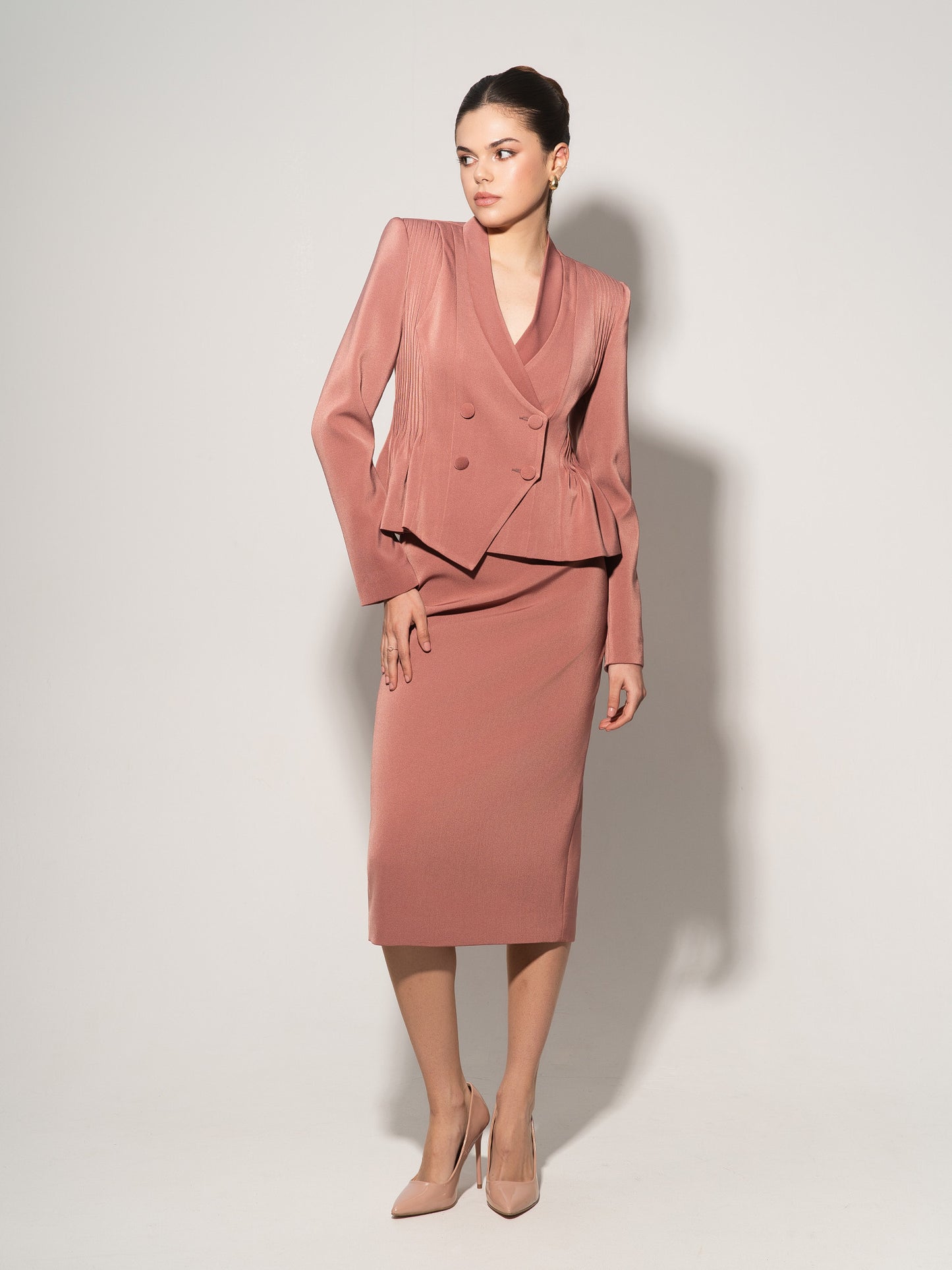Double-Breasted Blazer With Pleated Details - Dusty Rose