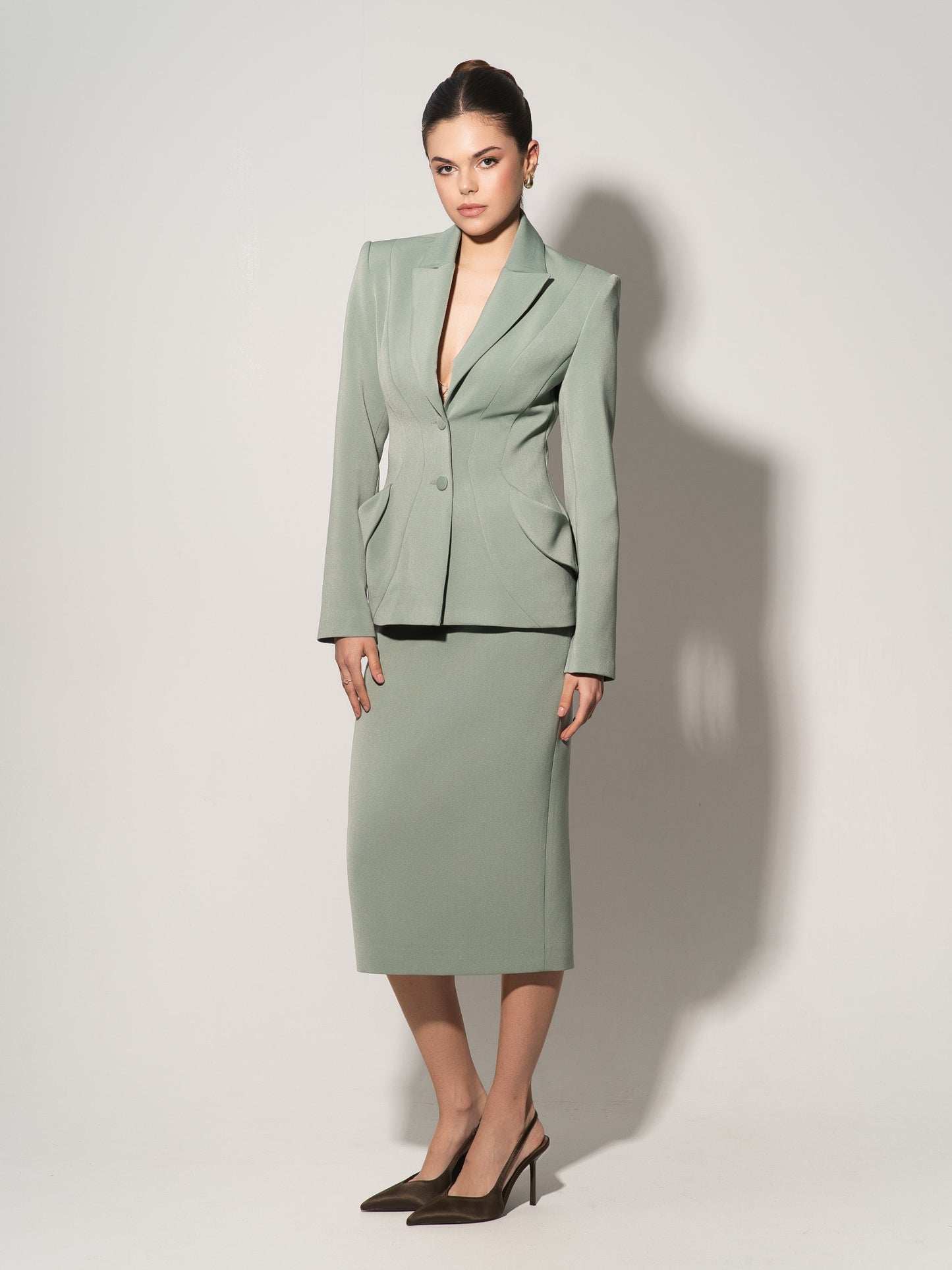 Tailored Fit Suiting Blazer & Skirt Suit - Light Green