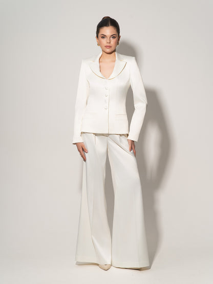 Tailored Satin Blazer & Trousers Set - Pearl White