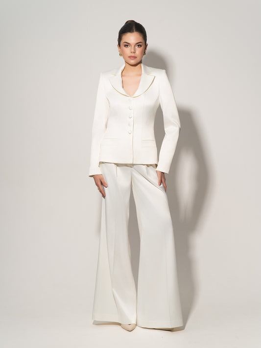 Tailored Satin Blazer & Trousers Set - Pearl White
